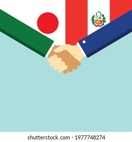 The handshake and two flags Japan and Peru. Flat style vector illustration.