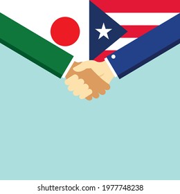The handshake and two flags Japan and Puerto Rico. Flat style vector illustration.