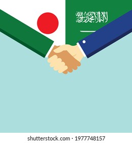 The handshake and two flags Japan and Saudi Arabia. Flat style vector illustration.