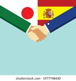 The handshake and two flags Japan and Spain. Flat style vector illustration.