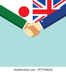 The handshake and two flags Japan and United Kingdom. Flat style vector illustration.