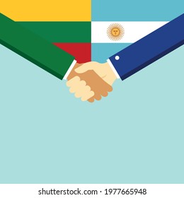 The handshake and two flags Lithuania and Argentina. Flat style vector illustration.