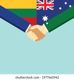 The handshake and two flags Lithuania and Australia. Flat style vector illustration.