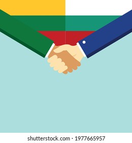 The handshake and two flags Lithuania and Bulgaria. Flat style vector illustration.