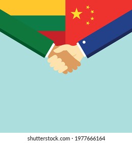 The handshake and two flags Lithuania and China. Flat style vector illustration.