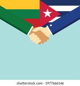 The handshake and two flags Lithuania and Cuba. Flat style vector illustration.