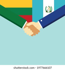 The handshake and two flags Lithuania and Guatemala. Flat style vector illustration.