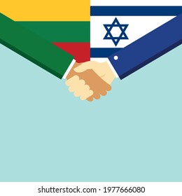 The handshake and two flags Lithuania and Israel. Flat style vector illustration.