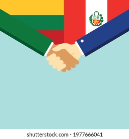 The handshake and two flags Lithuania and Peru. Flat style vector illustration.
