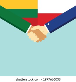The handshake and two flags Lithuania and Poland. Flat style vector illustration.