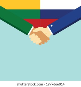 The handshake and two flags Lithuania and Russia. Flat style vector illustration.