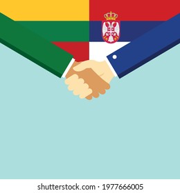 The handshake and two flags Lithuania and Serbia. Flat style vector illustration.
