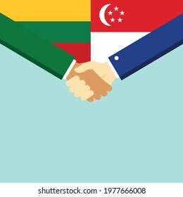 The handshake and two flags Lithuania and Singapore. Flat style vector illustration.