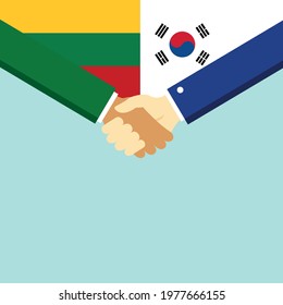 The handshake and two flags Lithuania and South Korea. Flat style vector illustration.