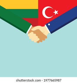 The handshake and two flags Lithuania and Turkey. Flat style vector illustration.