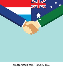 El apretón de manos y dos banderas Luxemburgo y Australia. Ilustración vectorial de estilo plano.