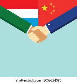 The handshake and two flags Luxembourg and China. Flat style vector illustration.