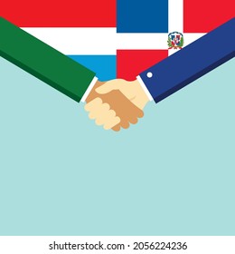 The handshake and two flags Luxembourg and Dominican Republic. Flat style vector illustration.