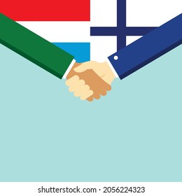 The handshake and two flags Luxembourg and Finland. Flat style vector illustration.