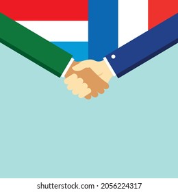 The handshake and two flags Luxembourg and France. Flat style vector illustration.