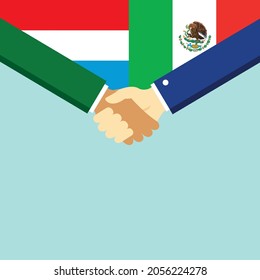 El apretón de manos y dos banderas Luxemburgo y México. Ilustración vectorial de estilo plano.