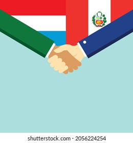 El apretón de manos y dos banderas Luxemburgo y Perú. Ilustración vectorial de estilo plano.