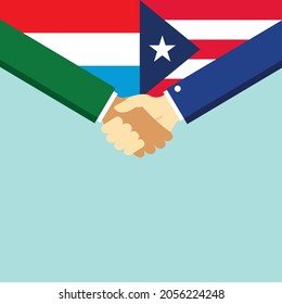 The handshake and two flags Luxembourg and Puerto Rico. Flat style vector illustration.