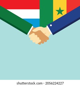 The handshake and two flags Luxembourg and Senegal. Flat style vector illustration.