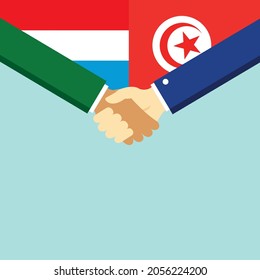 The handshake and two flags Luxembourg and Tunisia. Flat style vector illustration.