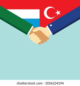 El apretón de manos y dos banderas: Luxemburgo y Turquía. Ilustración vectorial de estilo plano.