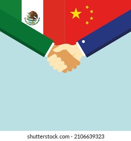 Der Handschlag und zwei Flaggen Mexiko und China. Illustration
