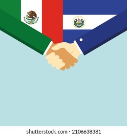 El apretón de manos y dos banderas: México y El Salvador. Ilustración