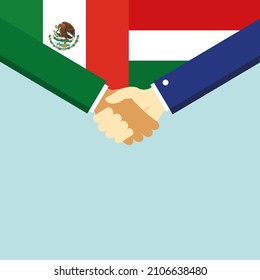 El apretón de manos y dos banderas: México y Hungría. Ilustración