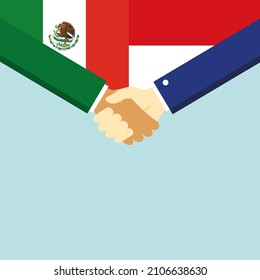 El apretón de manos y dos banderas: México e Indonesia. Ilustración