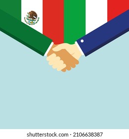 The handshake and two flags Mexico and Italy. Illustration