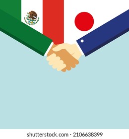 The handshake and two flags Mexico and Japan. Illustration
