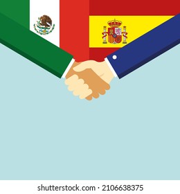 The handshake and two flags Mexico and Spain. Illustration