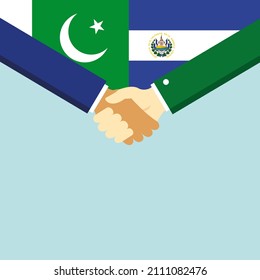 El apretón de manos y dos banderas: Pakistán y El Salvador. Ilustración