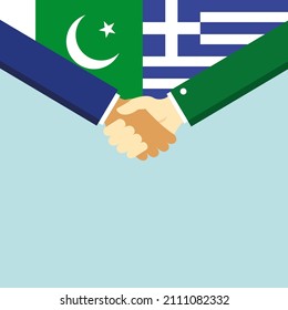 El apretón de manos y dos banderas: Pakistán y Grecia. Ilustración