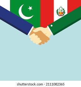 The handshake and two flags: Pakistan and Peru. Illustration