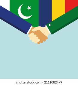 The handshake and two flags: Pakistan and Romania. Illustration