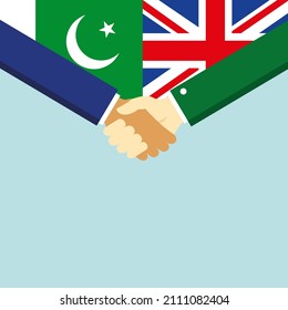 The handshake and two flags: Pakistan and United Kingdom. Illustration