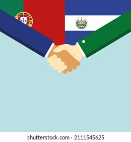 El apretón de manos y dos banderas: Portugal y El Salvador. Ilustración