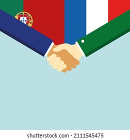 The handshake and two flags: Portugal and France. Illustration