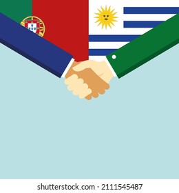 Der Handschlag und zwei Flaggen: Portugal und Uruguay. Illustration