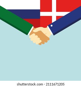 El apretón de manos y dos banderas: Rusia y Dinamarca. Ilustración
