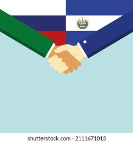 El apretón de manos y dos banderas: Rusia y El Salvador. Ilustración