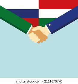 The handshake and two flags: Russia and Hungary. Illustration