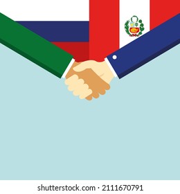 The handshake and two flags: Russia and Peru. Illustration