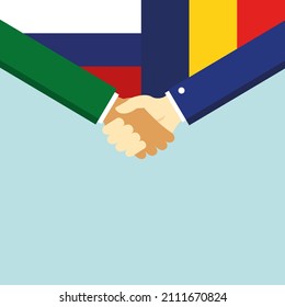 El apretón de manos y dos banderas: Rusia y Rumania. Ilustración